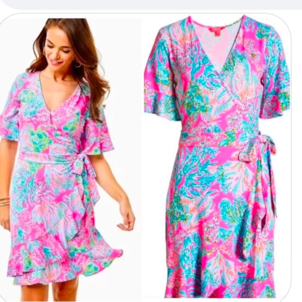 Lilly Pulitzer Pink and Blue Ruffled Wrap Midi Dress